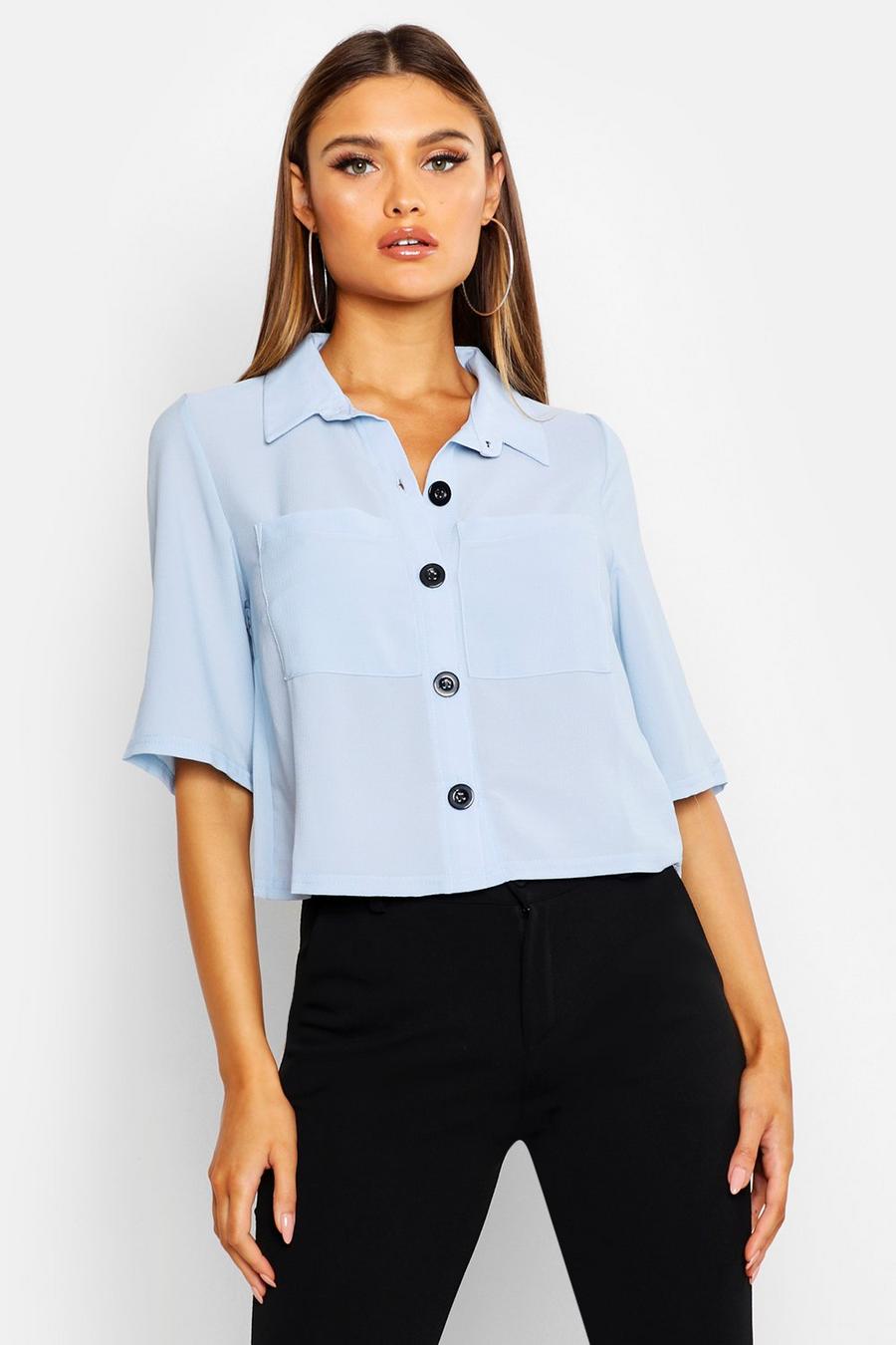 Sky Button Down Pocket Front Boxy Blouse image number 1