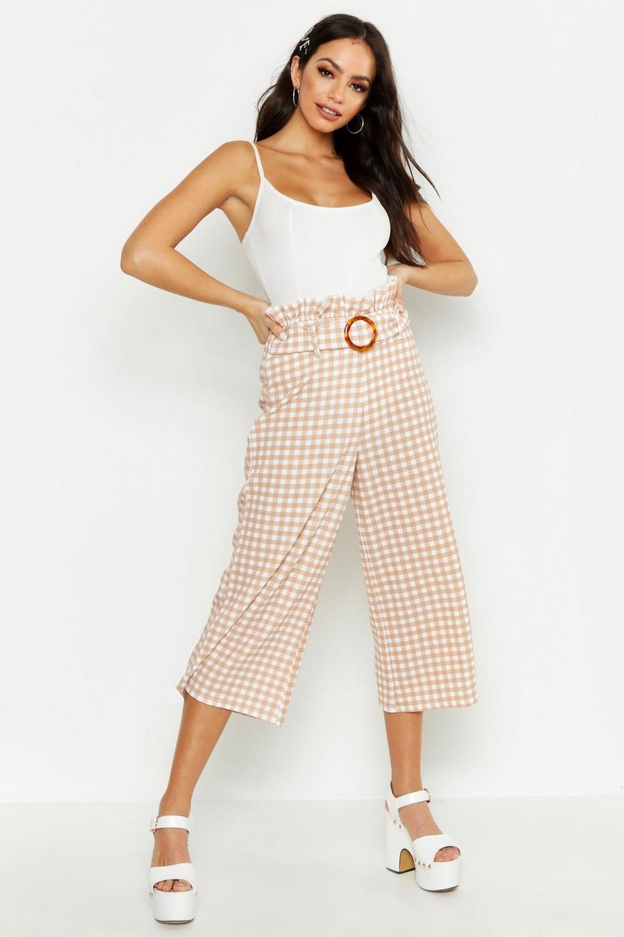 Nude Tonal Gingham Check Paperbag Culottes image number 1
