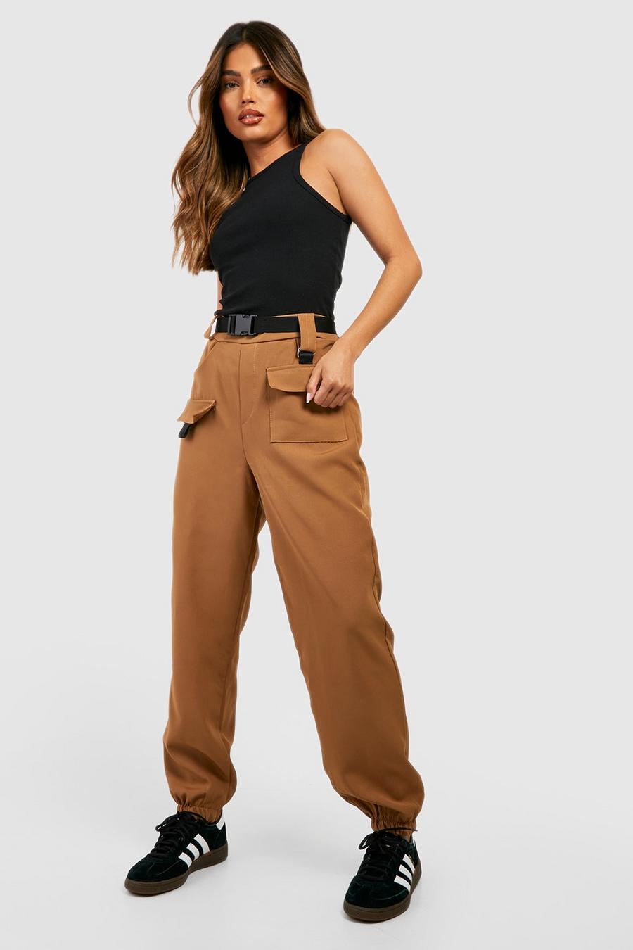 Camel High Waisted Belted Woven Cargo Pants image number 1