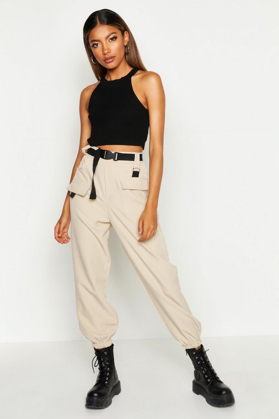 Stone High Waisted Belted Woven Cargo Pants image number 1