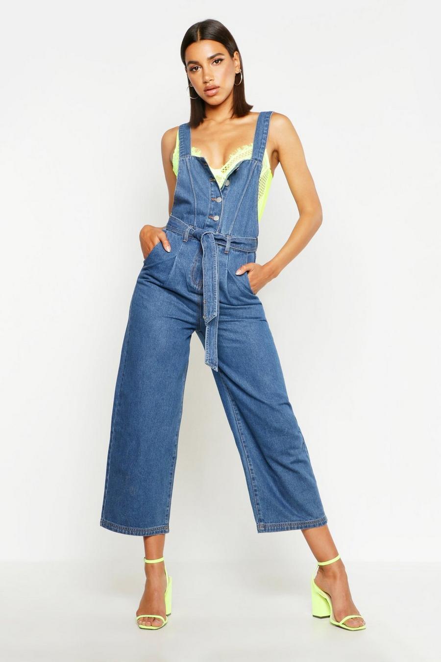 Mid blue Button Front Tie Waist Denim Overall image number 1