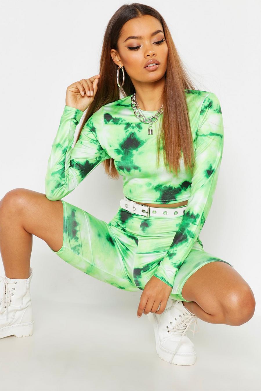 Green Tie Dye Crop And Short Festival Co-Ord Set image number 1