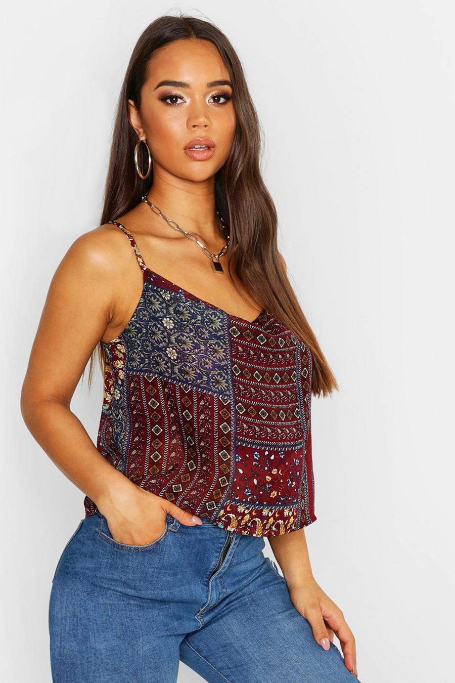 Woven Paisley Cowl Cami Top Wine-14 image number 1