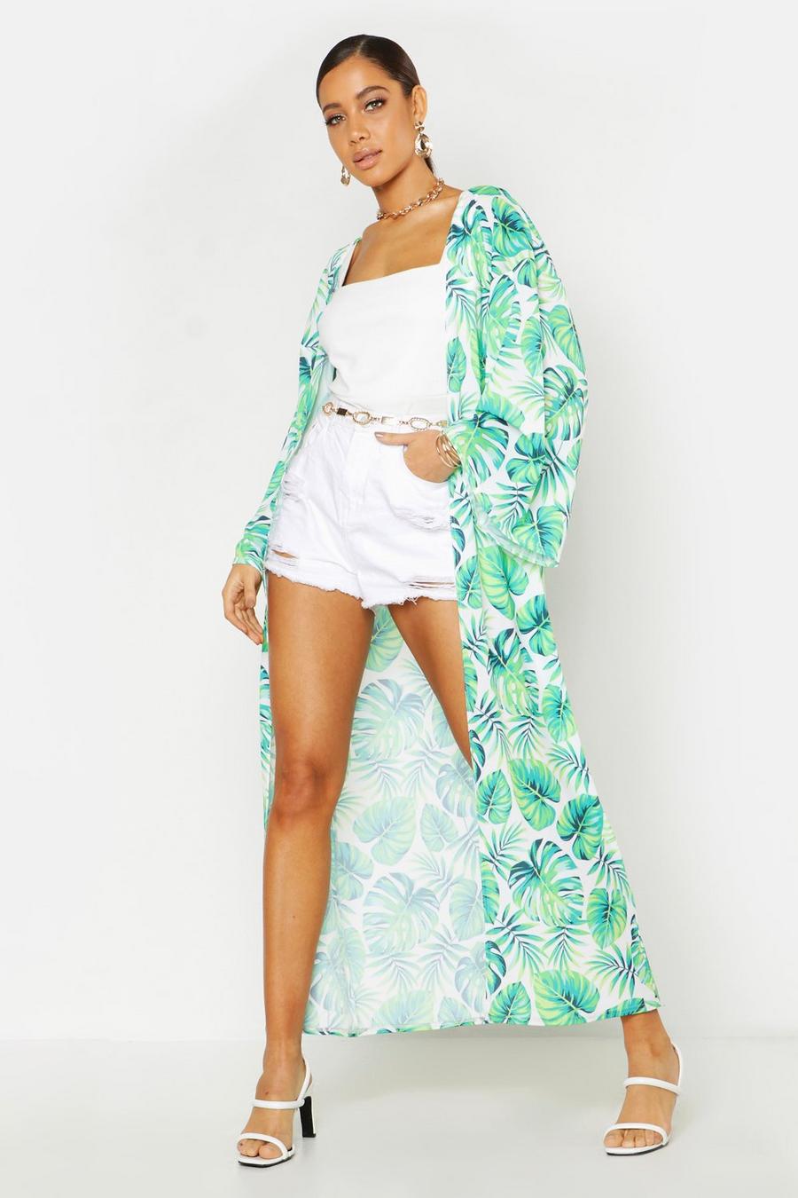 Kimono maxi con estampado de palmeras tropicales image number 1