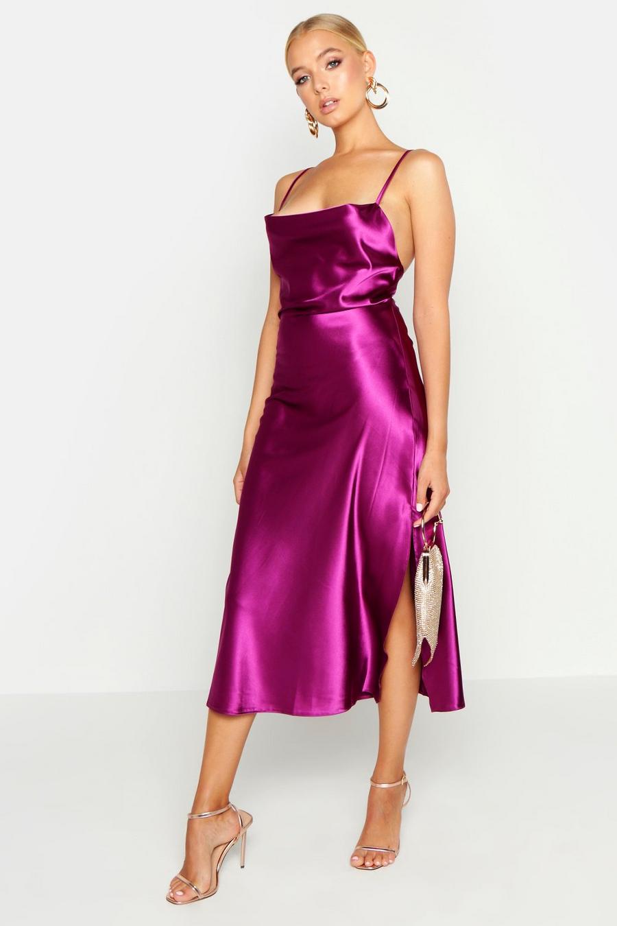Purple Satin Bias Cut Slip Midi Dress image number 1