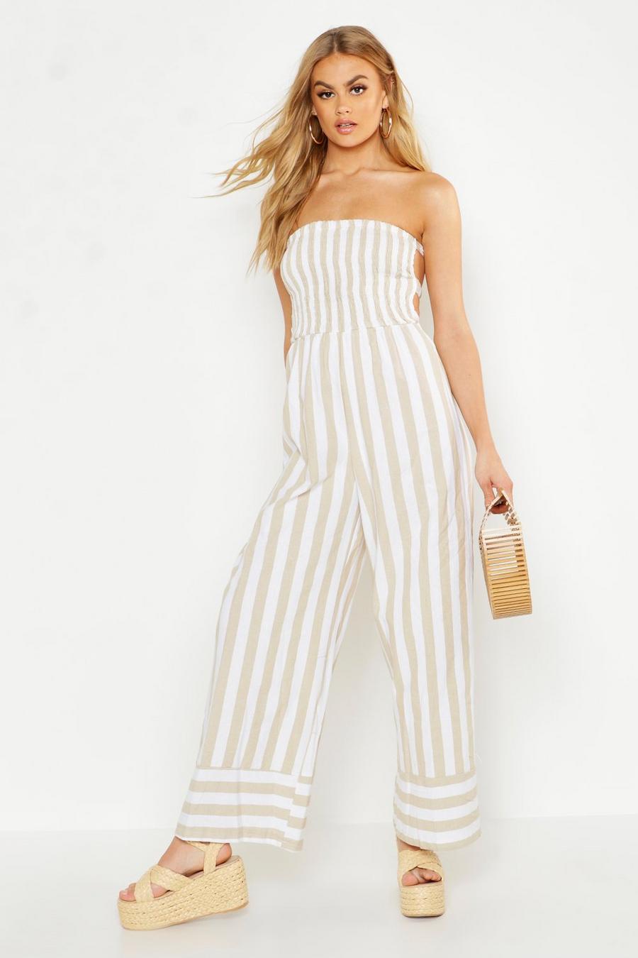 Linen Stripe Shirred Backless Wide Leg Jumpsuit image number 1