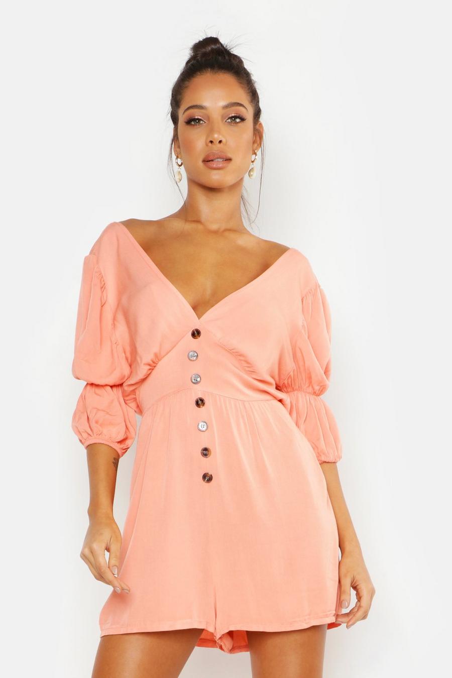 Apricot Puff Sleeve Button Front Playsuit image number 1