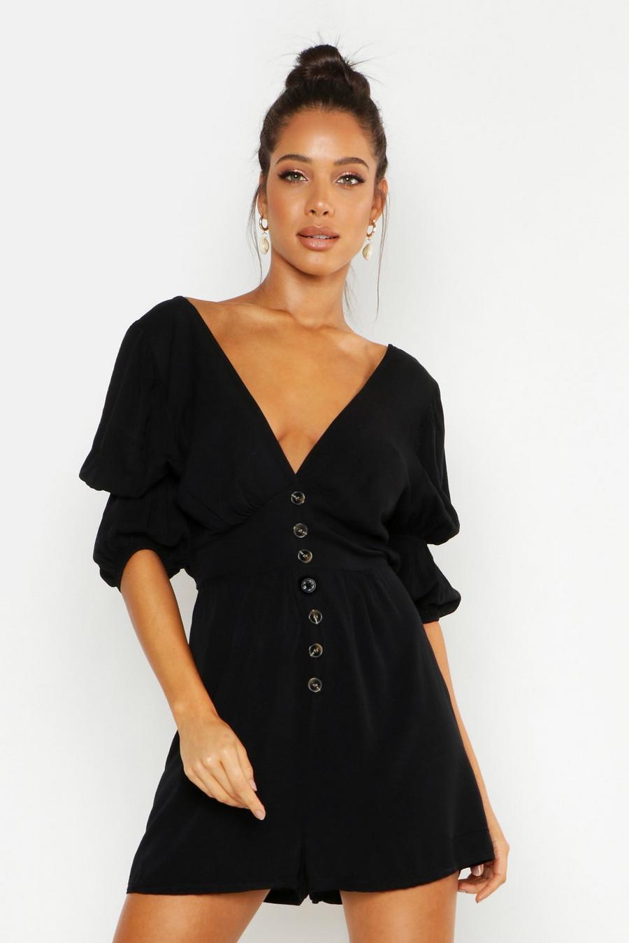 Black Puff Sleeve Button Front Playsuit image number 1