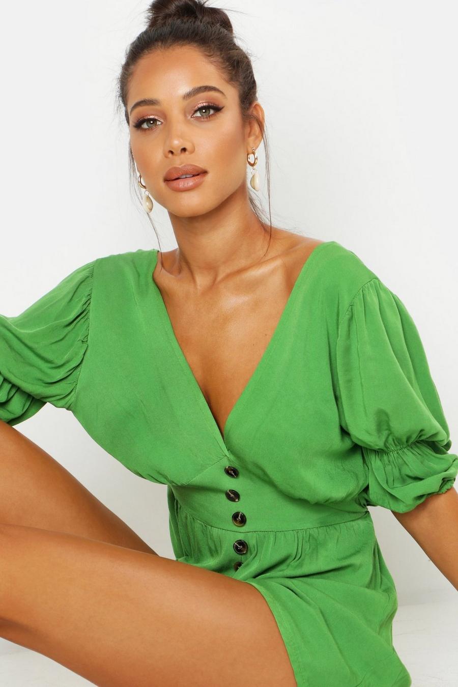 Green Puff Sleeve Button Front Playsuit image number 1