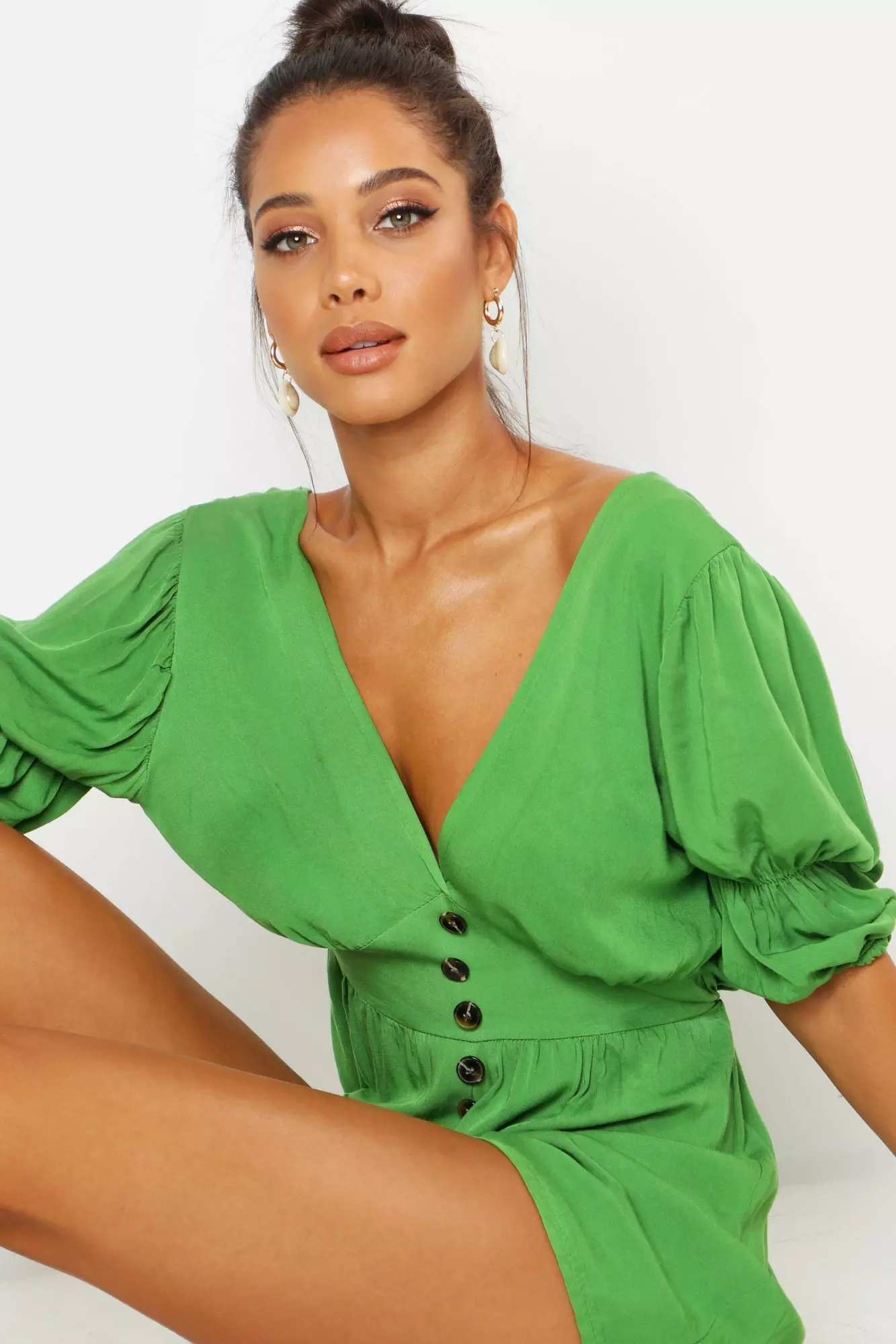 Green Puff Sleeve Button Front Playsuit alternative image