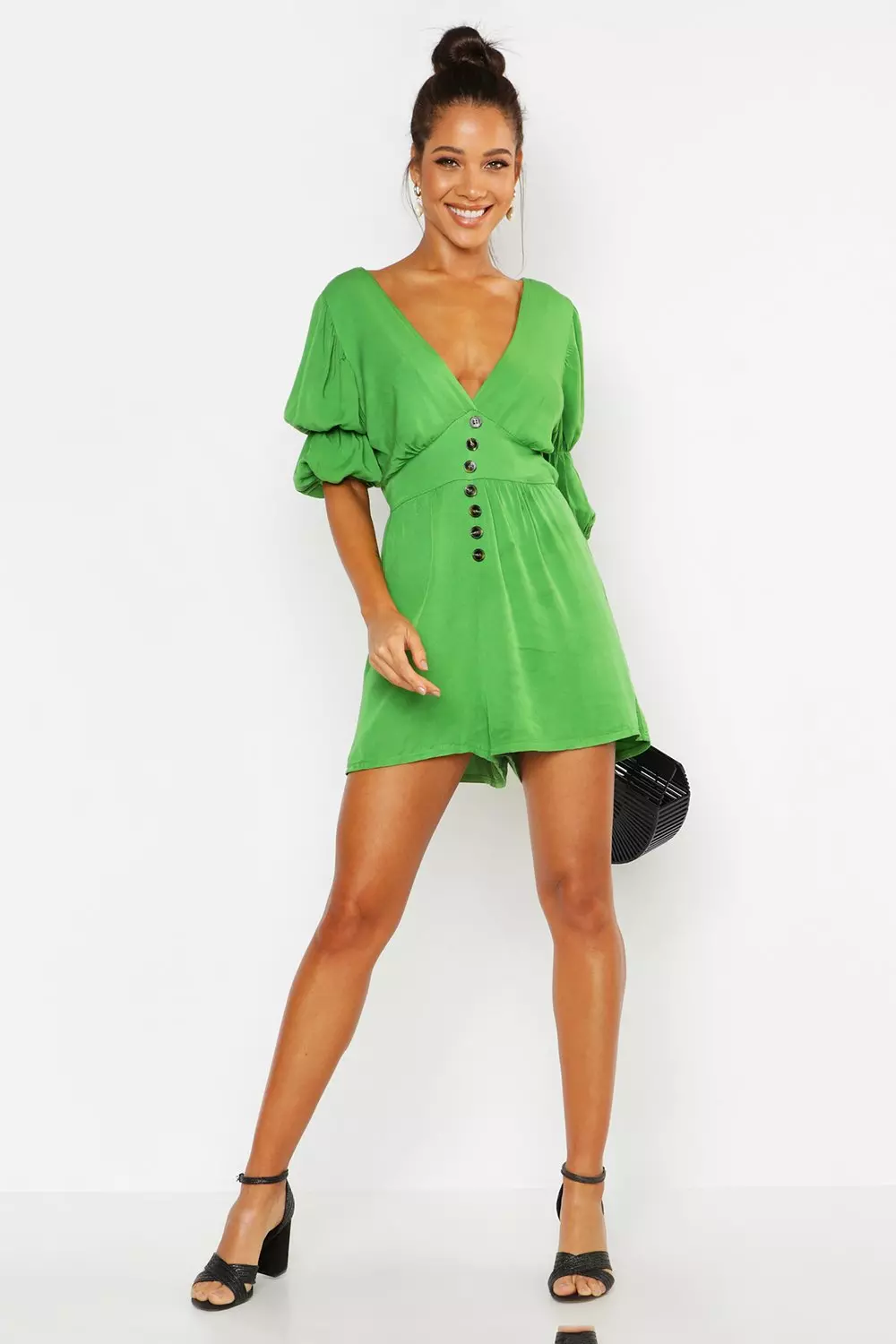 Green Puff Sleeve Button Front Playsuit alternative image