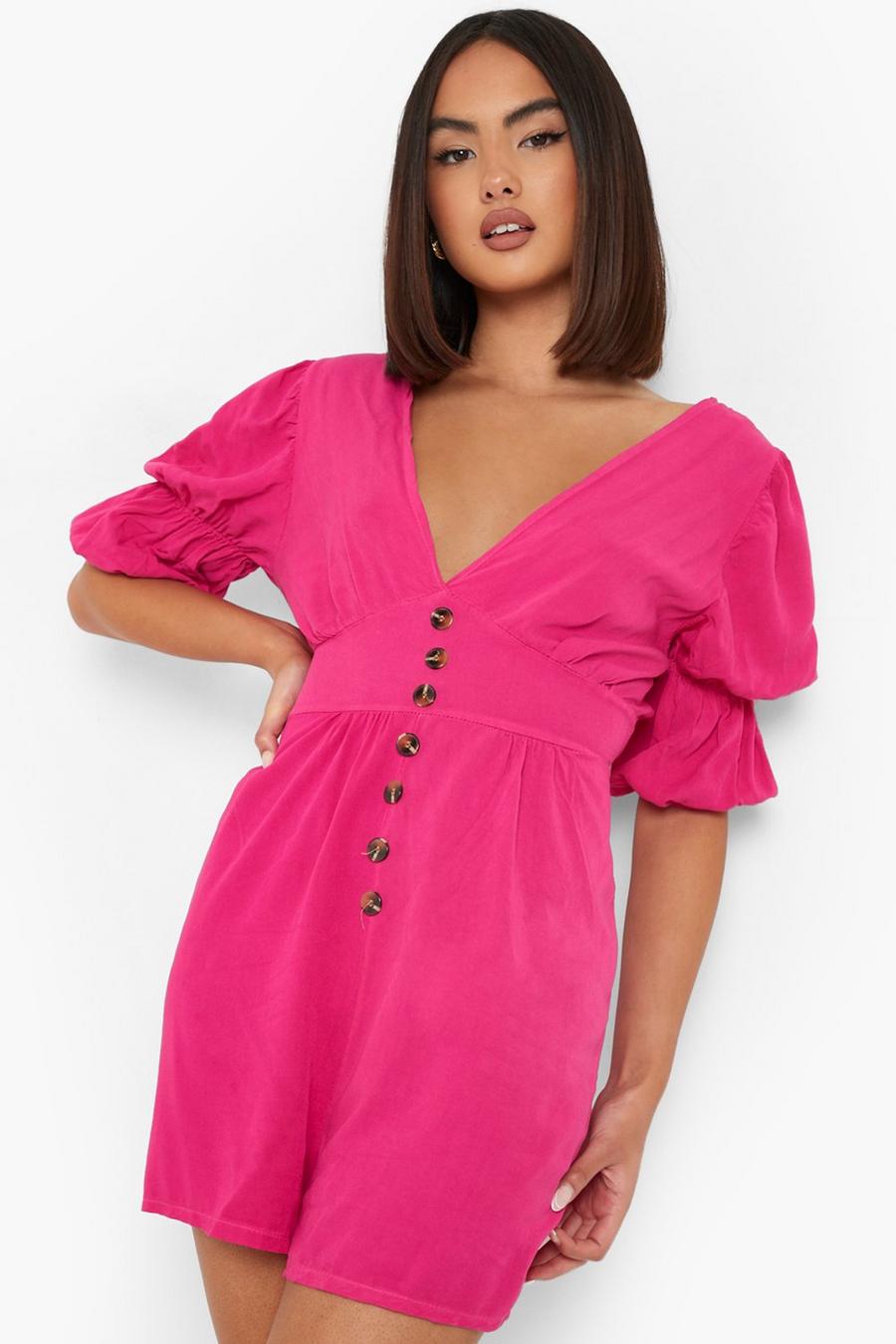 Hot pink Puff Sleeve Button Front Romper image number 1