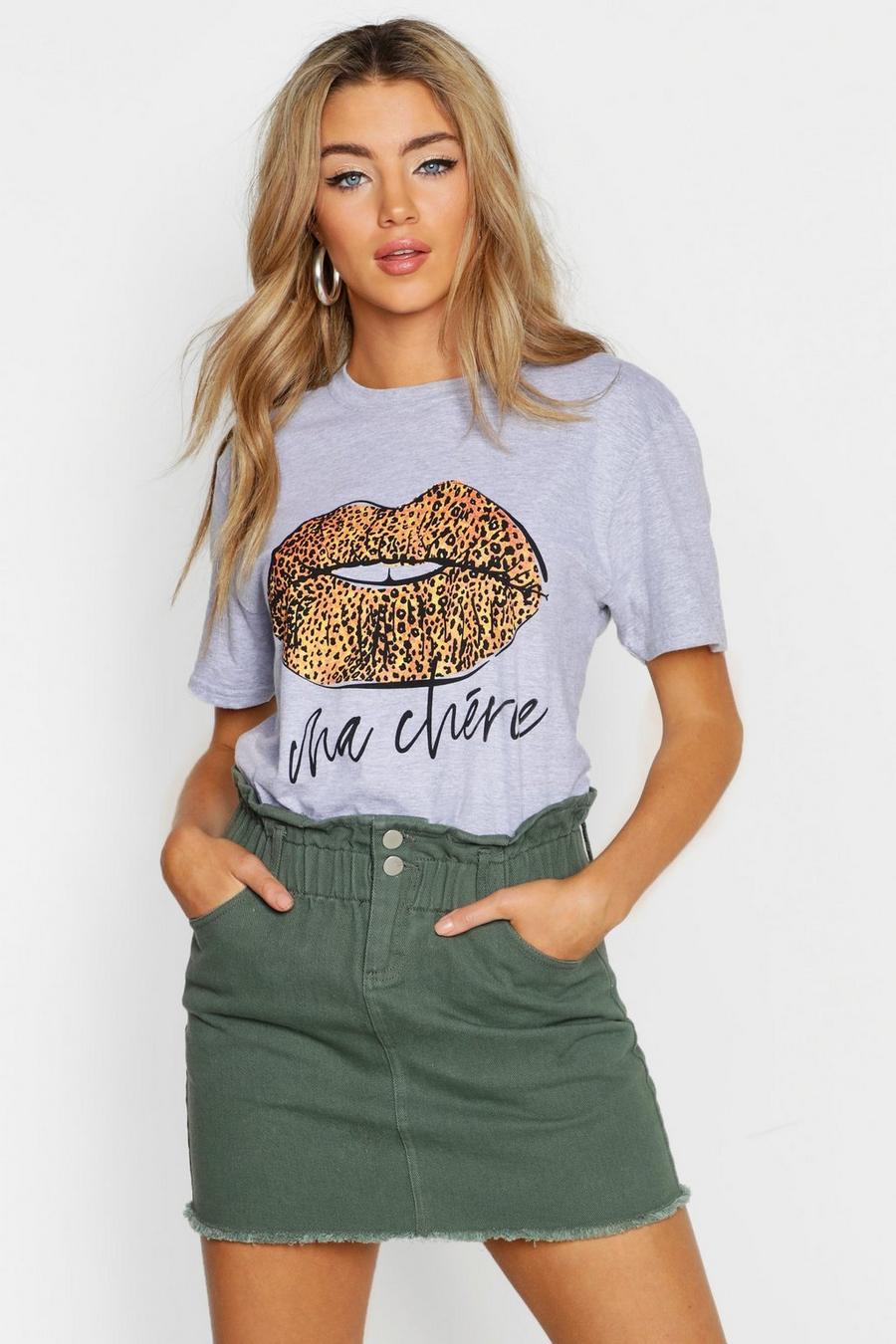 T-Shirt mit Lippen-Print mit Leopardenmuster und französischem Slogan, Grau meliert image number 1
