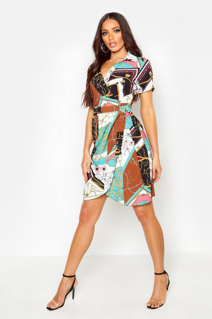 Green Chain Print Wrap Dress image number 1
