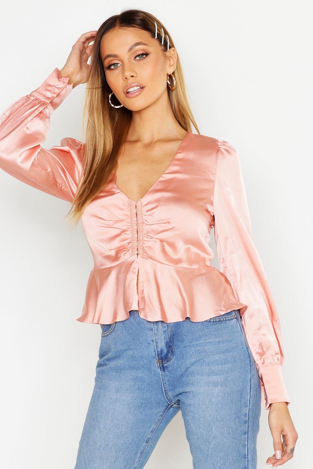 Women's Satin Corset Detail Peasant Top | Boohoo UK