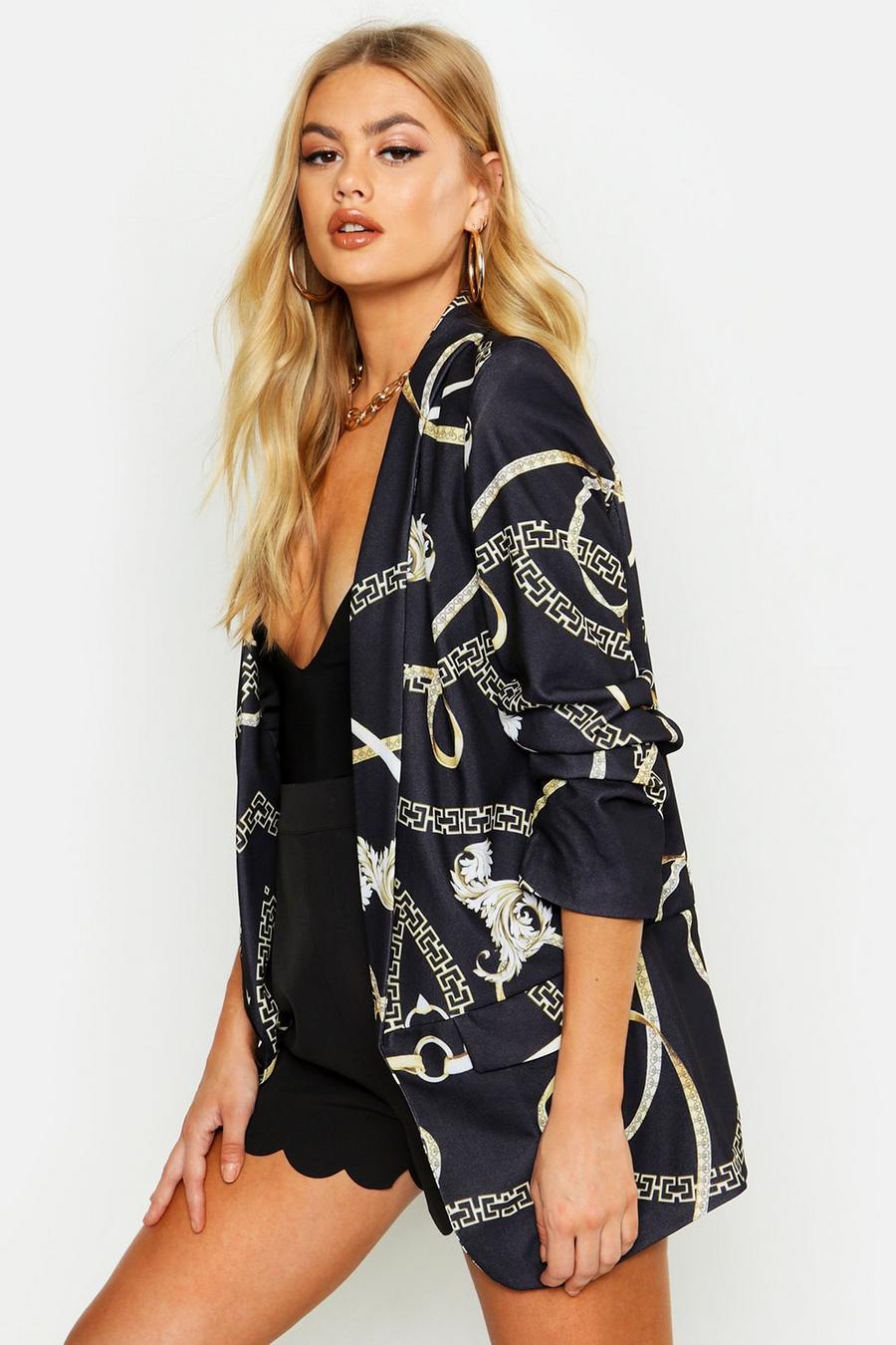 Black Chain Print Ruched Sleeve Blazer image number 1