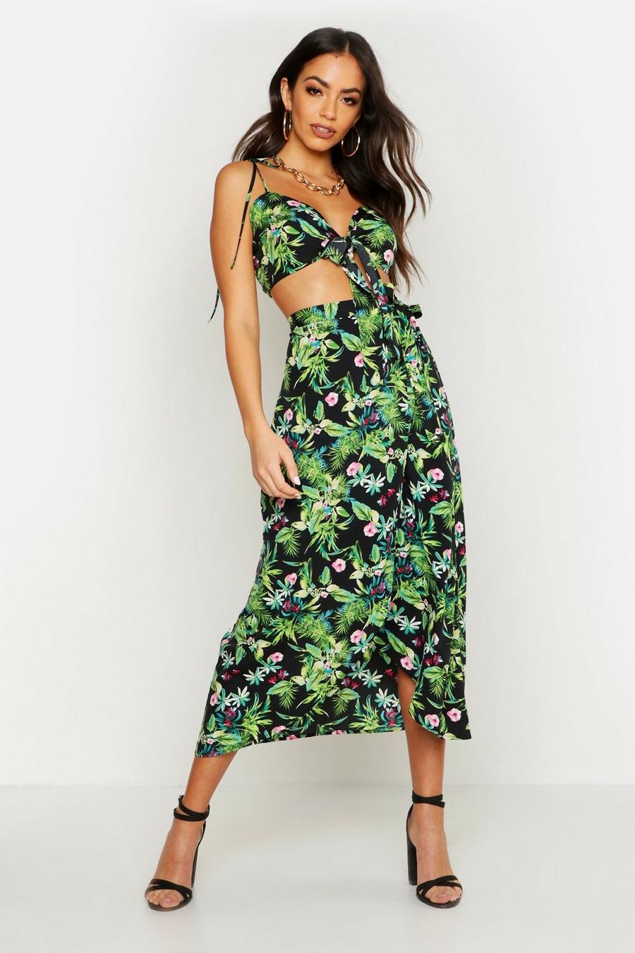 Palm Print Tie Detail Bralet & Wrap Skirt Two-Piece image number 1