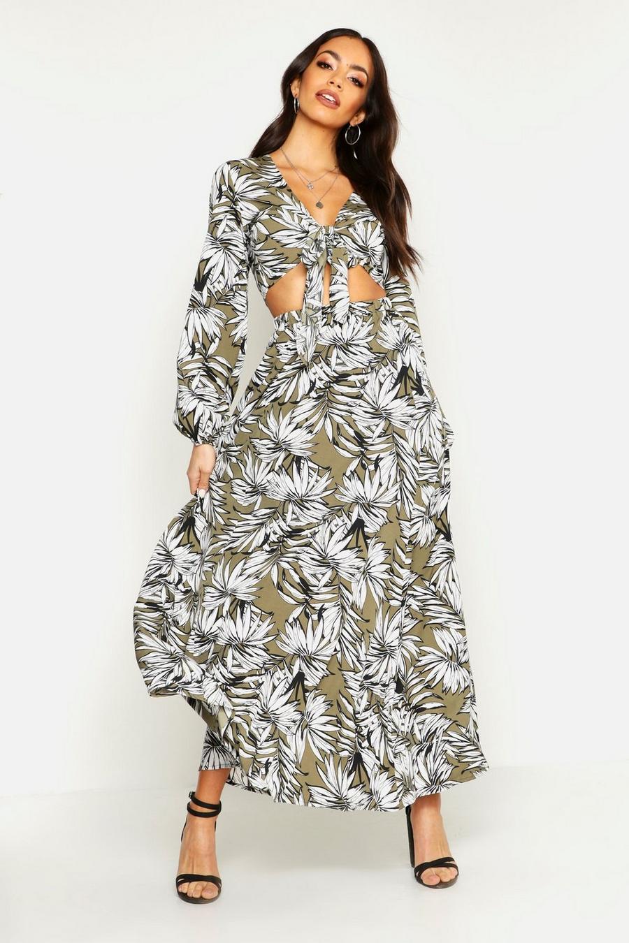 Tonal Palm Print Tie Front Top & Maxi Skirt Co-Ord image number 1