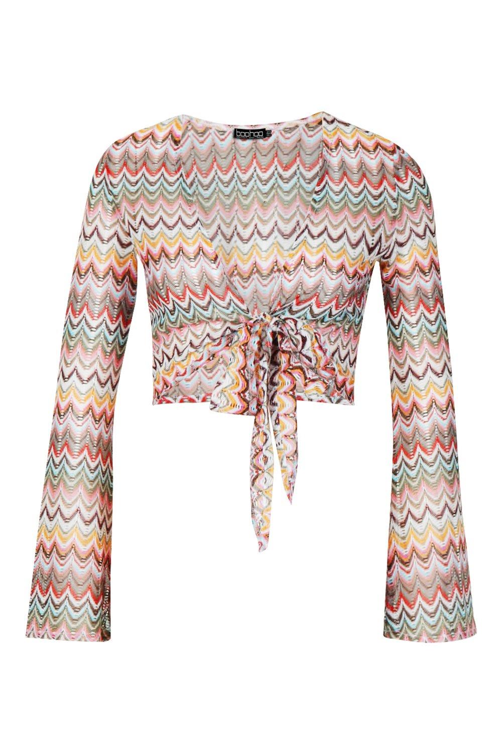 Zig Zag Multi Coloured Tie Front Top | boohoo