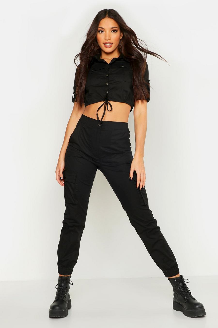 Black Woven Utility Cropped Top & Trouser Co-Ord image number 1