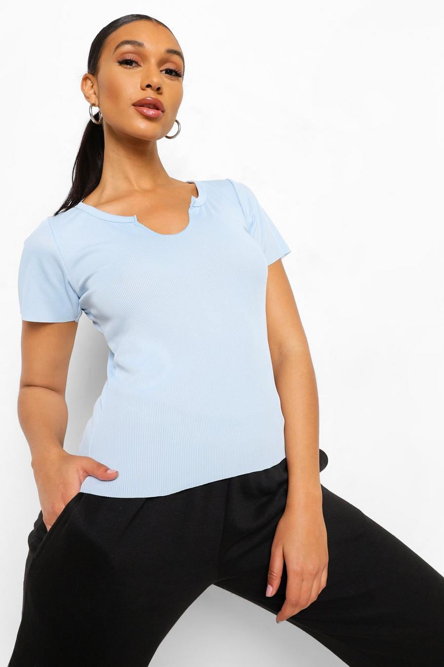 Hemelsblauw Basic Geribbeld T-Shirt Met Halsinkeping image number 1