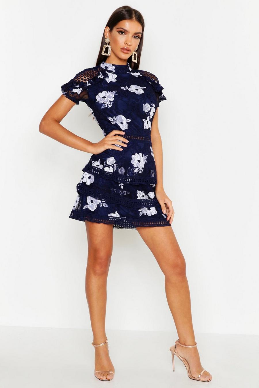 Navy Floral Lace Tiered Mini Dress image number 1