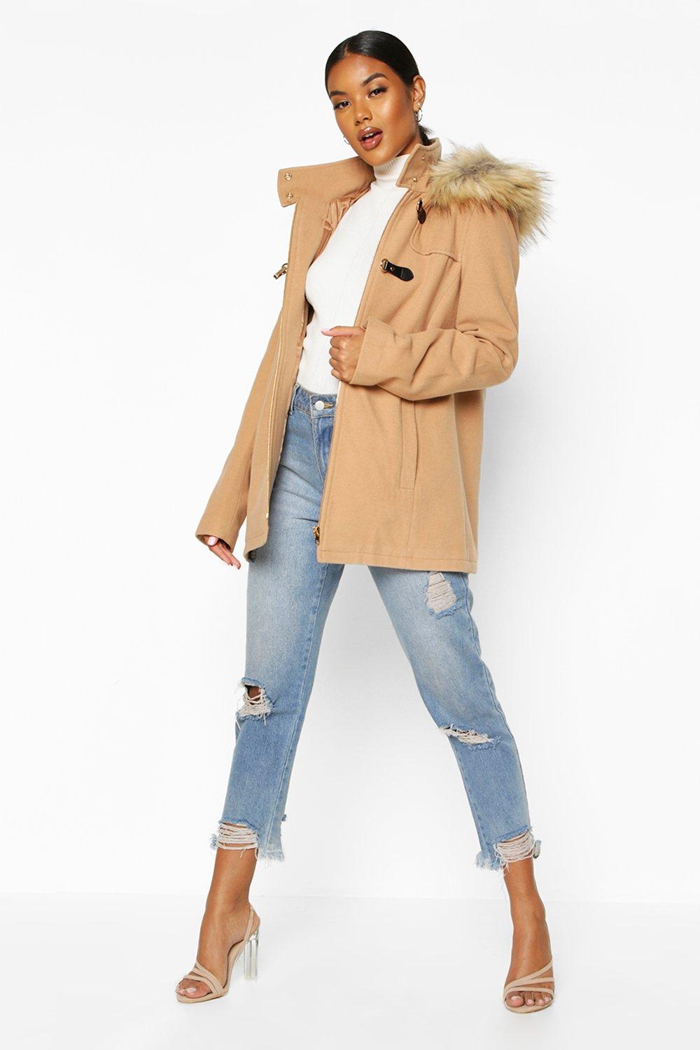 camel faux fur trim coat