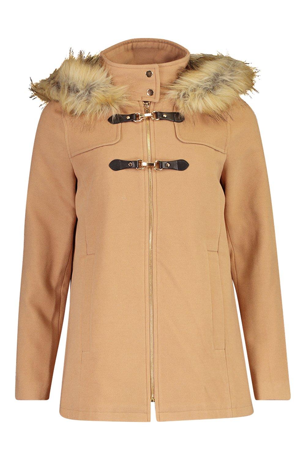 Duffle coat look laine avec bords en fausse fourrure