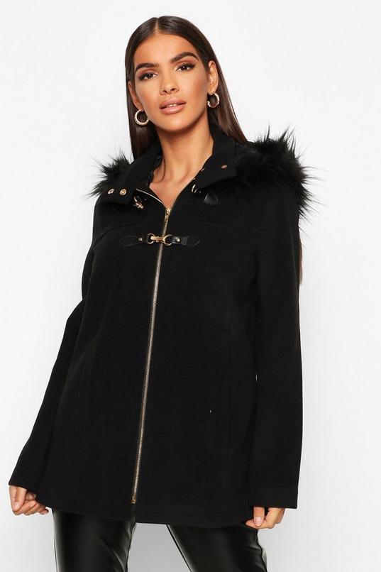 Faux Fur Trim Wool Look Duffle Coat | boohoo