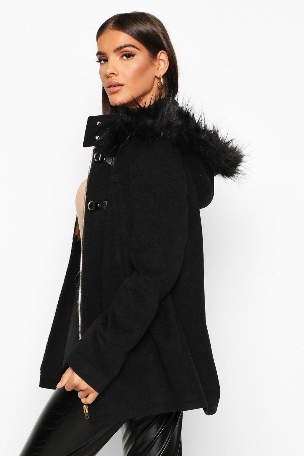 black faux fur trim duffle coat