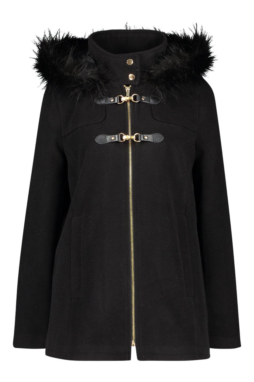 black faux fur trim duffle coat