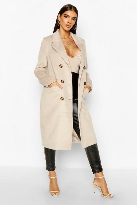 Brushed Wool Look Double Breasted Coat | boohoo