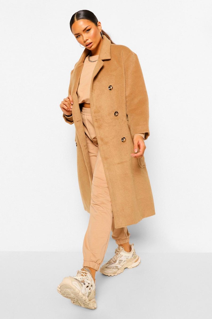 Camel Brushed Double Breasted Wool Look Coat image number 1