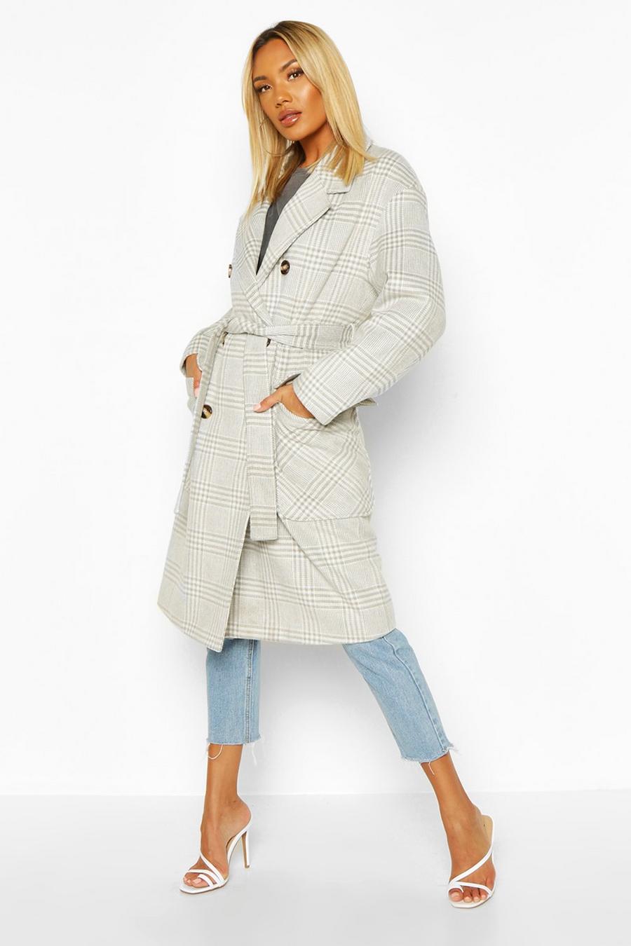 Grey Tonal Check Wool Look Belted Coat image number 1