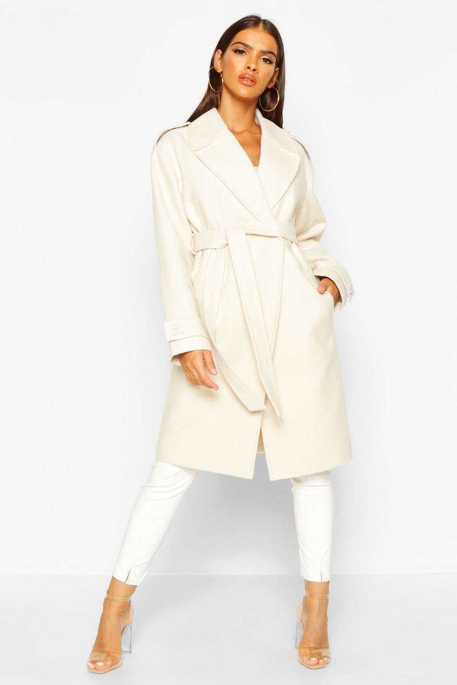 Ivory Belted Collared Wool Look Coat image number 1