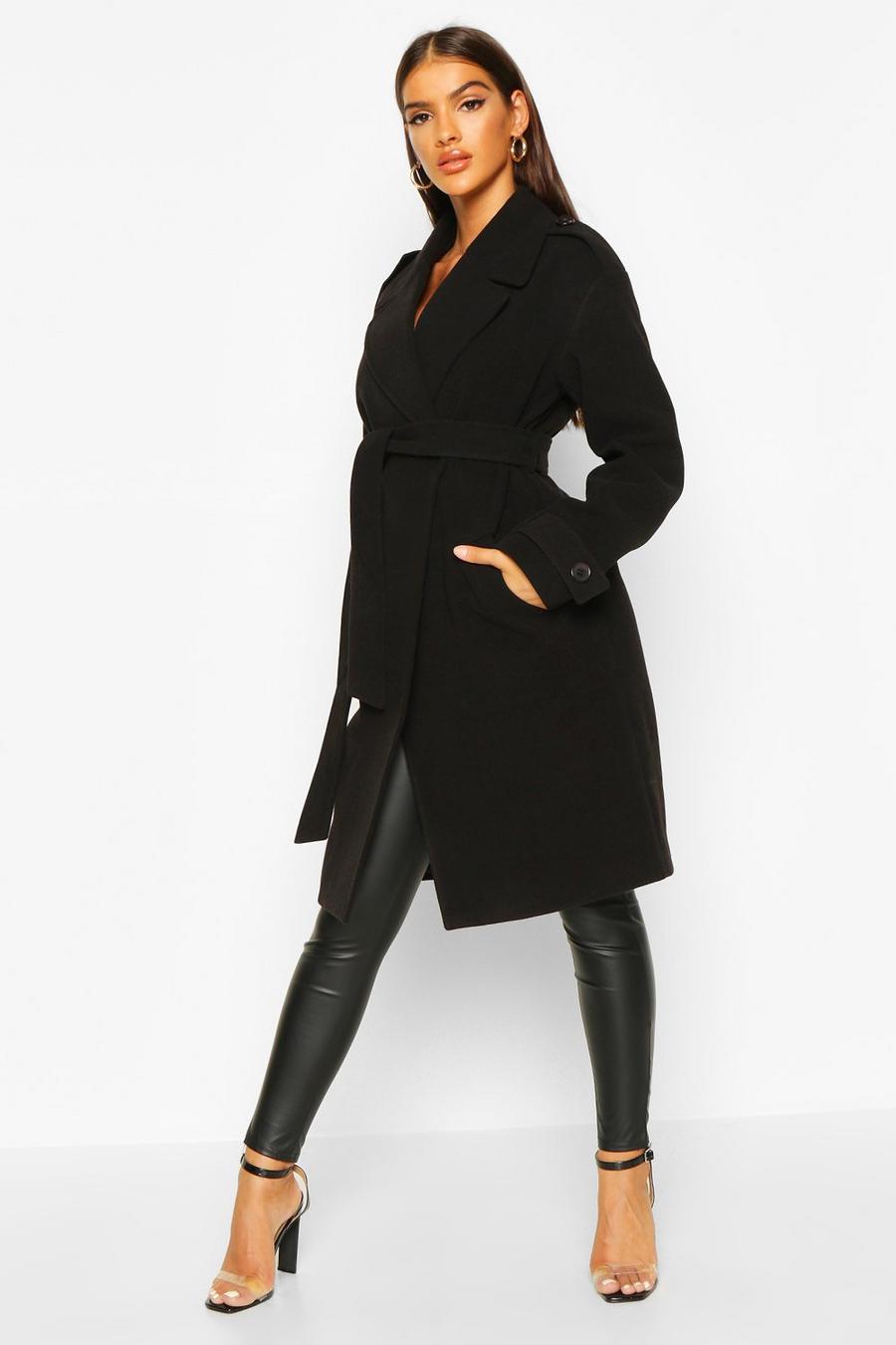 Black Belted Collared Wool Look Coat image number 1