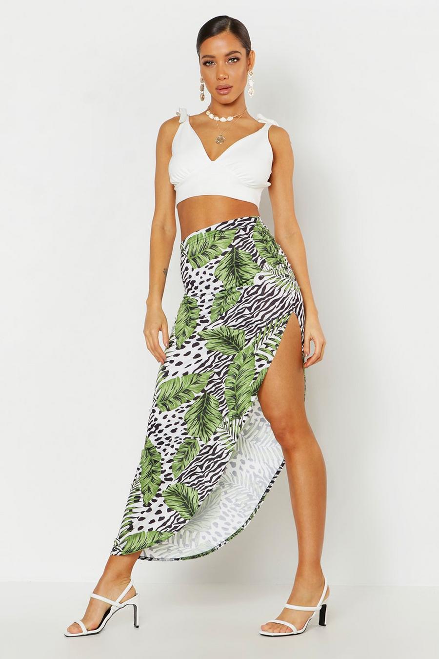 Ivory Leopard Palm Rouched Side Maxi Skirt image number 1