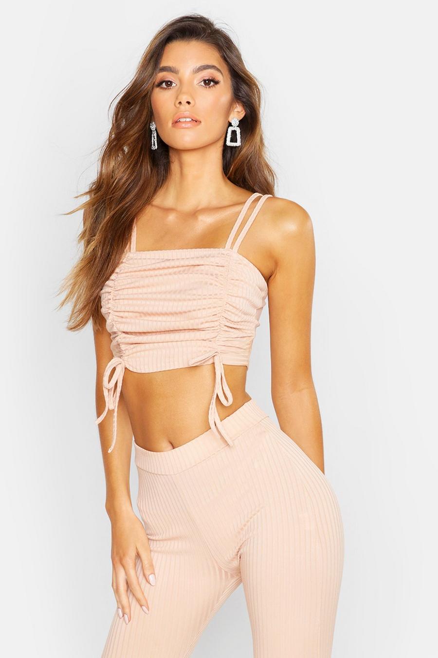 Strappy Ruched Rib Crop Top image number 1