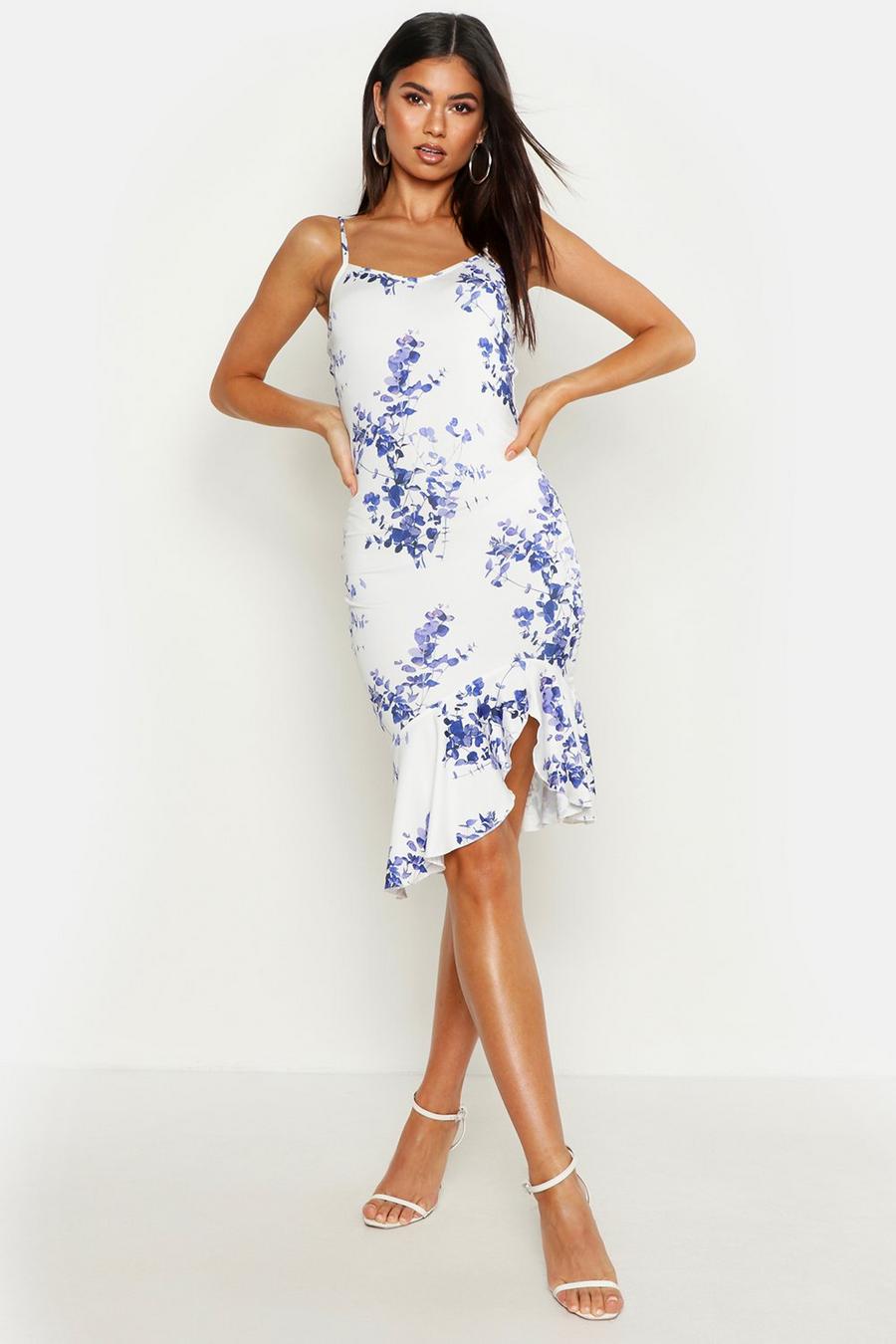 Blue Floral Strappy Frill Front Dress image number 1