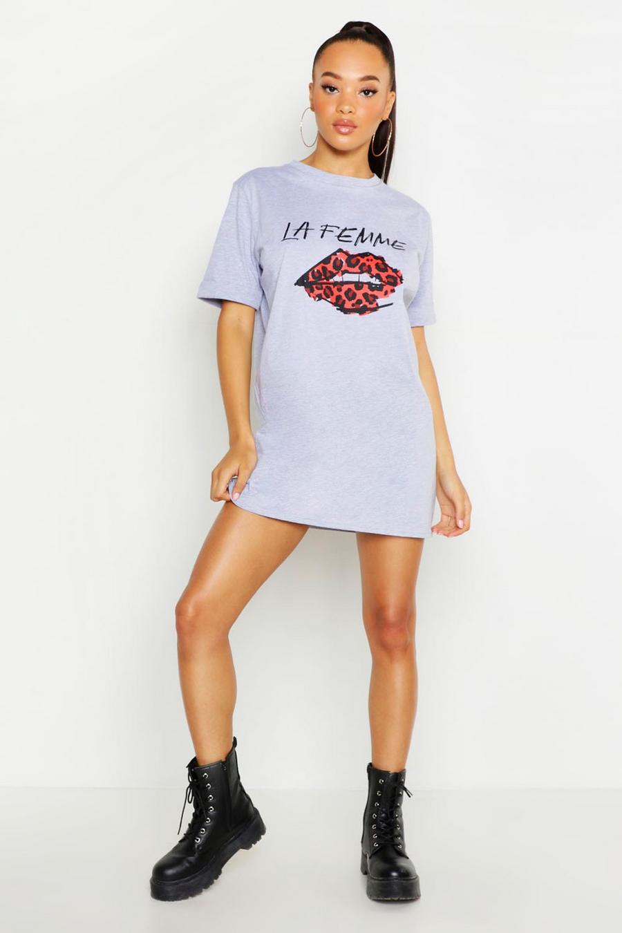 T-Shirt-Kleid mit Lippen-Print und „La Femme“-Slogan, Grau image number 1