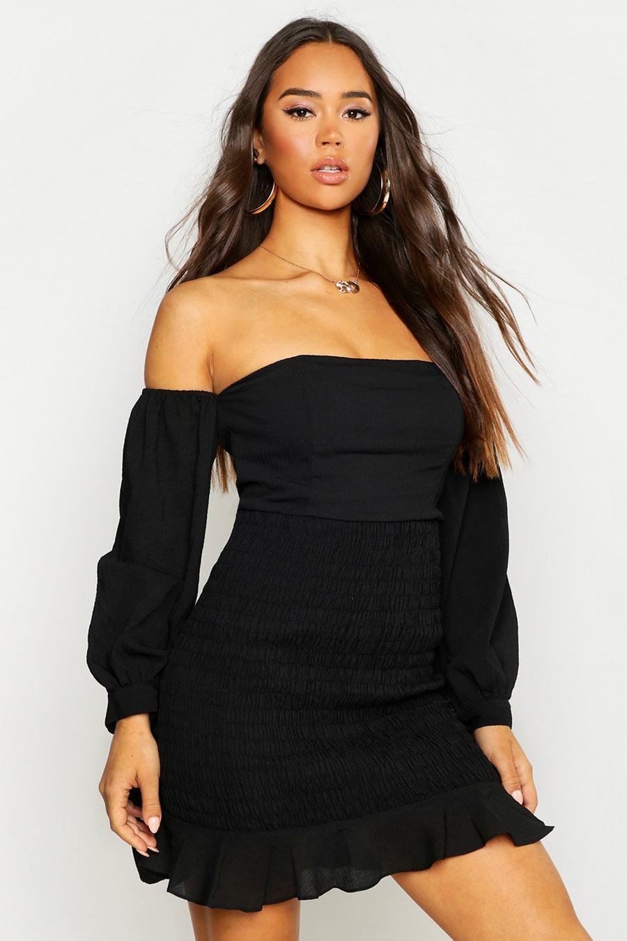 Black Shirred Long Sleeve Crinkle Bodycon Mini Dress image number 1