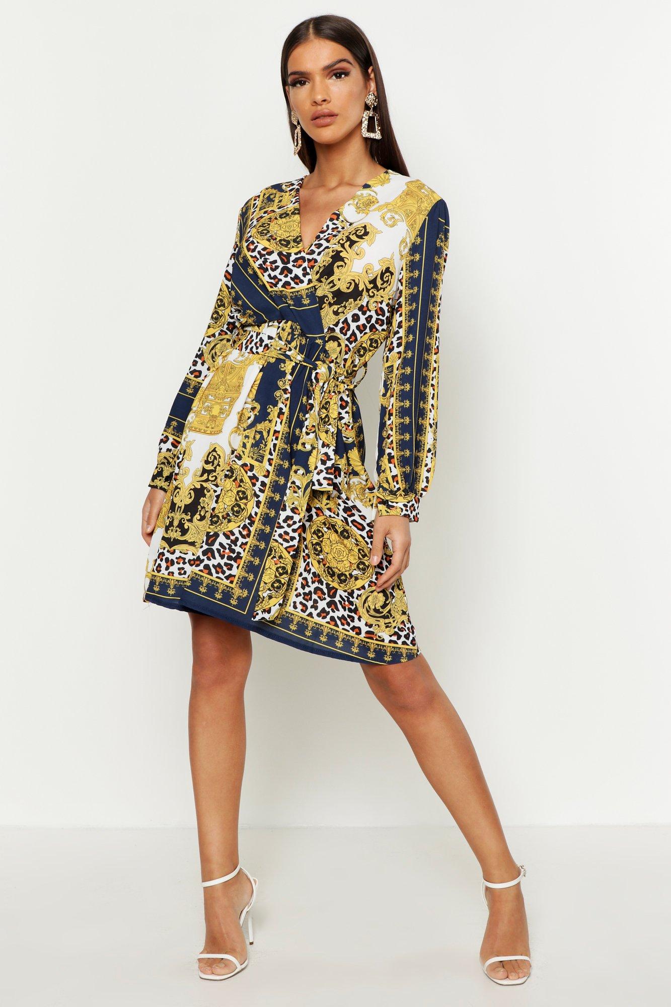 chain print wrap dress