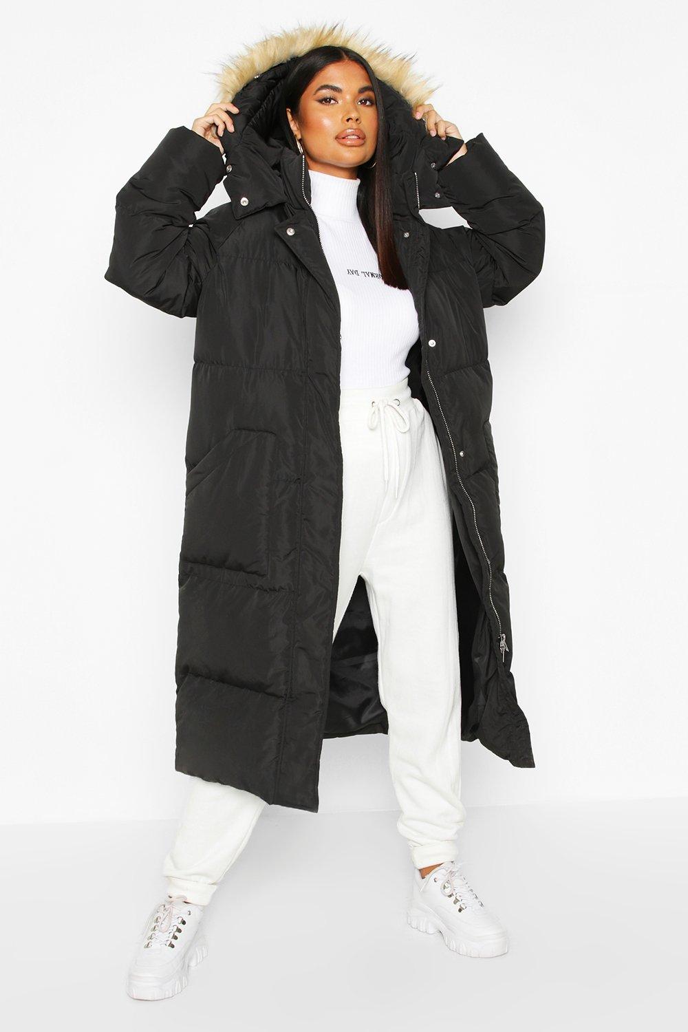 black long padded coat with fur hood