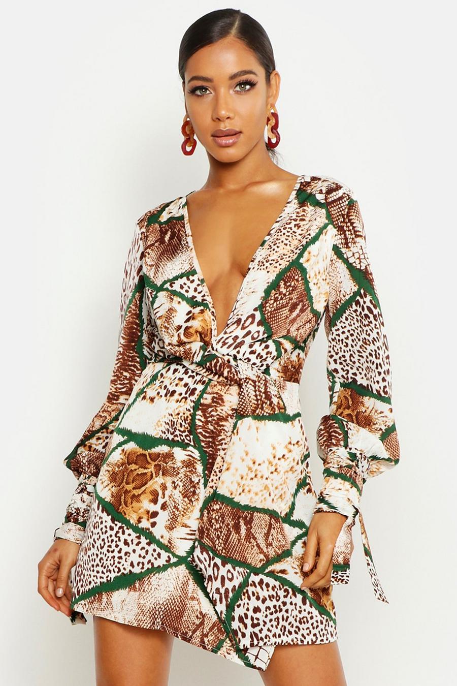 Tan Woven Mixed Animal Print Twist Front Shift Dress image number 1