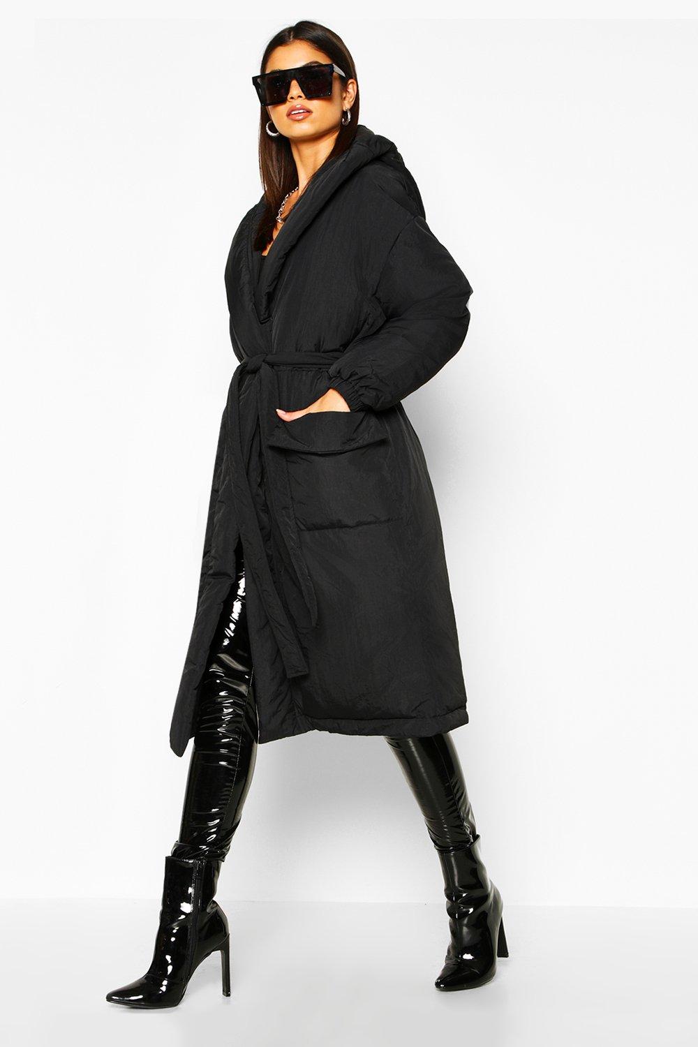 Hooded Belted Longline Puffer Jacket