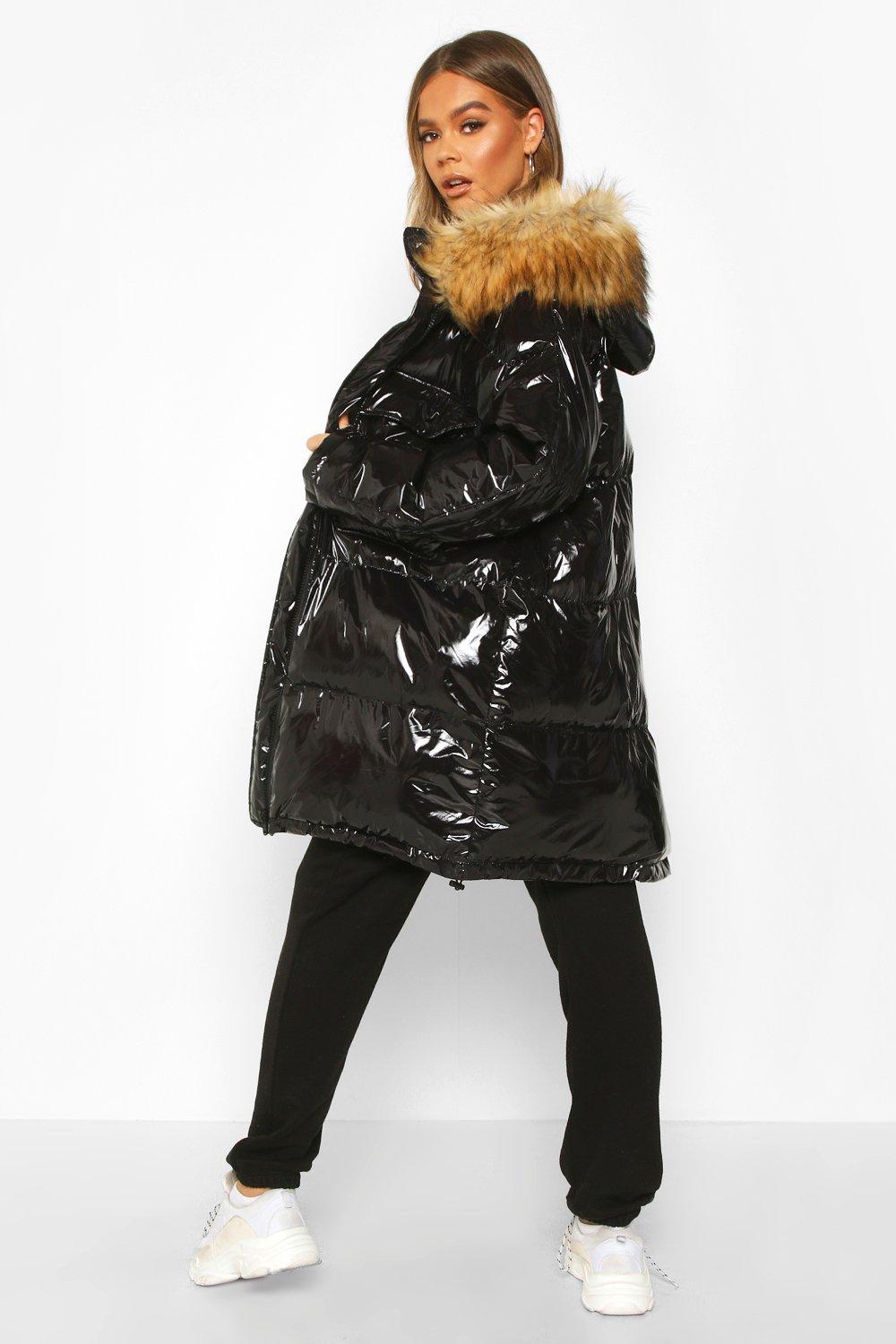 black vinyl puffer jacket with fur hood