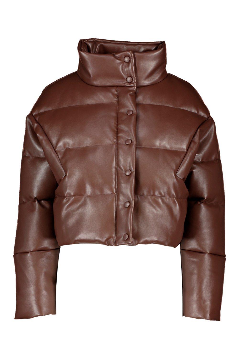 GentWith Danville Slim Fit Brown Faux Leather Puffer Jacket