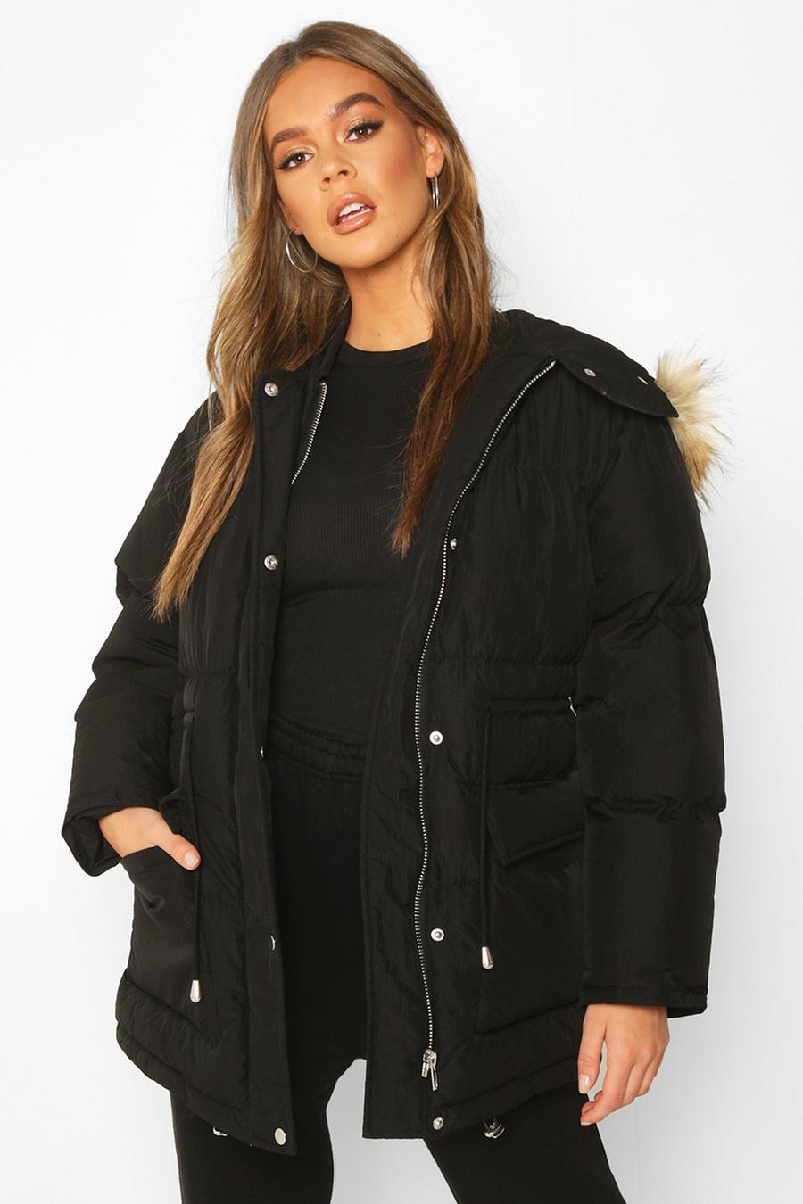 Drawcord Waist Faux Fur Hooded Puffer image number 1