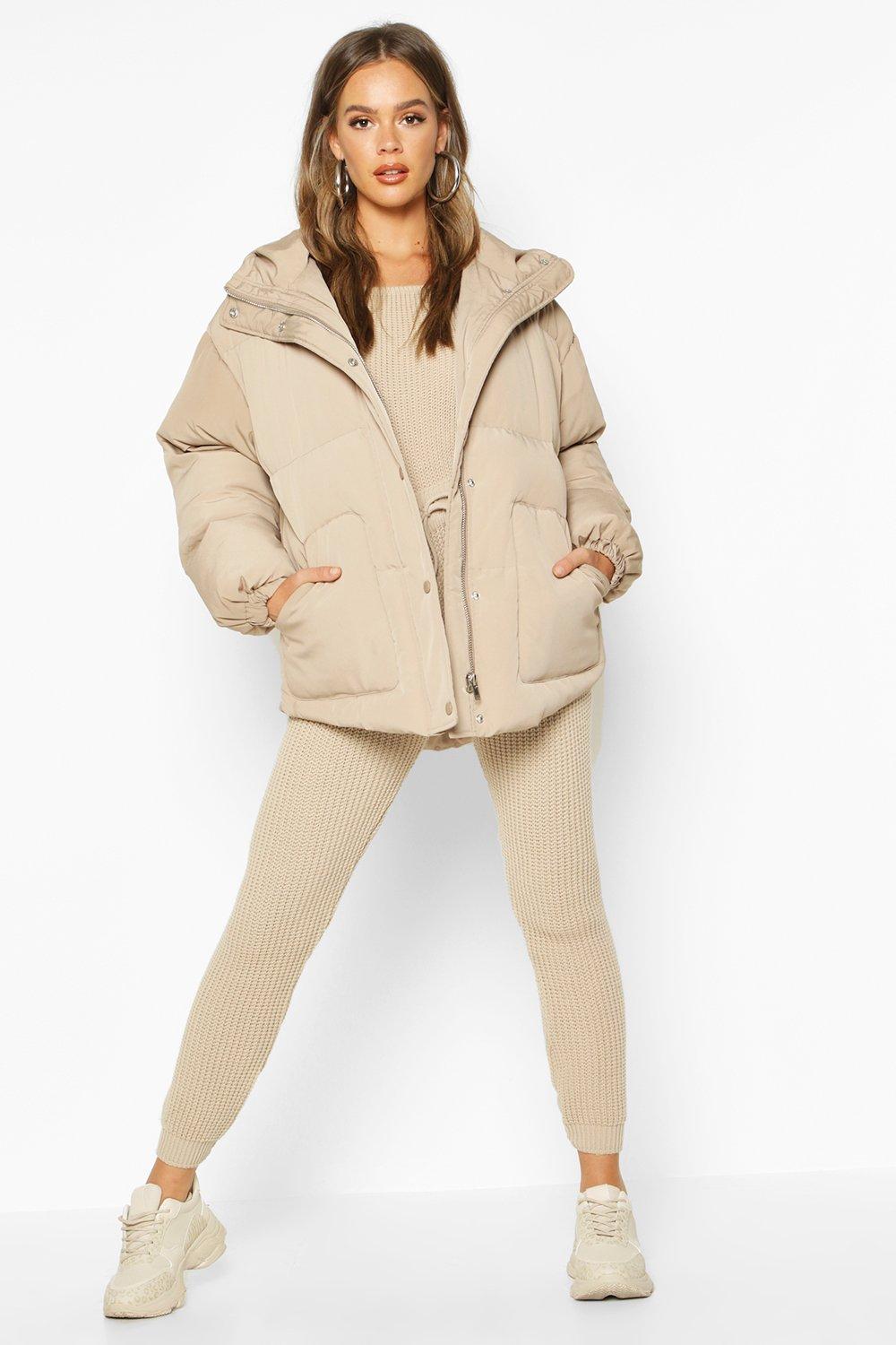 Beige puffer coat store with hood