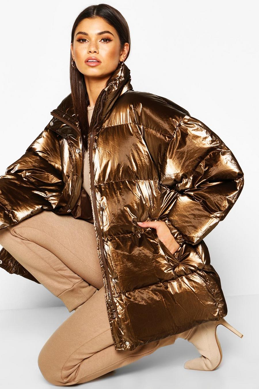 Chocolate Pearlescent Belted Puffer Jacket image number 1